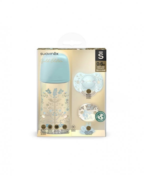 Set biberon 270ml + suzetă 0-6m + lănțișor Albastru Gold Premium Suavinex 6 luni [1]