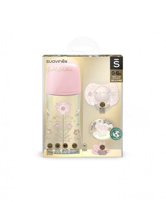 Set biberon 270ml + suzetă 0-6m + lănțișor Roz Gold Premium Suavinex 3 luni [1]