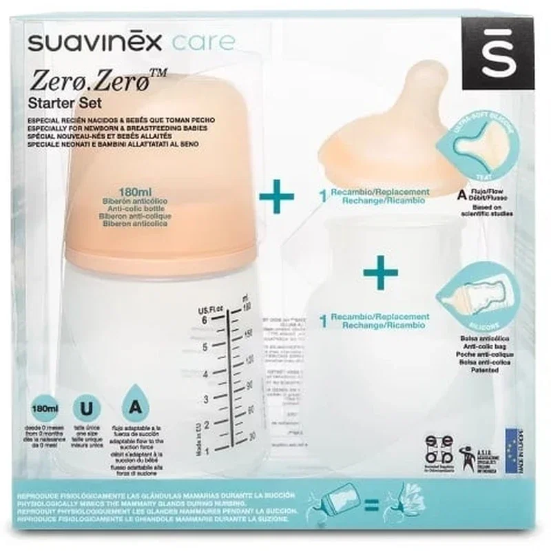 Set biberon anticolici 180 ml + tetină cu debit variabil + săculeț silicon Zero Zero Suavinex [1]