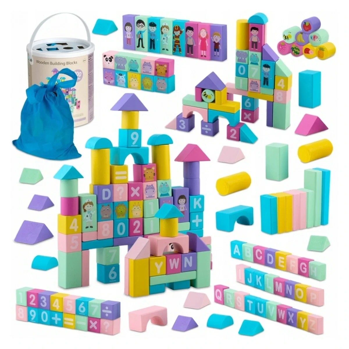 Set educational cu blocuri din lemn, 100 bucati, Ricokids [1]
