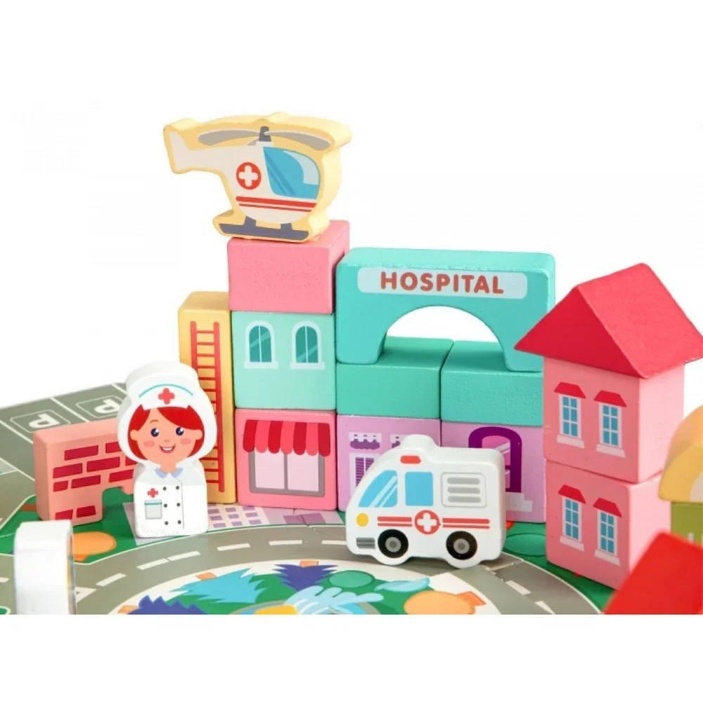 Set educational cu blocuri din lemn si covoras, 121 piese, City Ecotoys 3 ani+ [5]