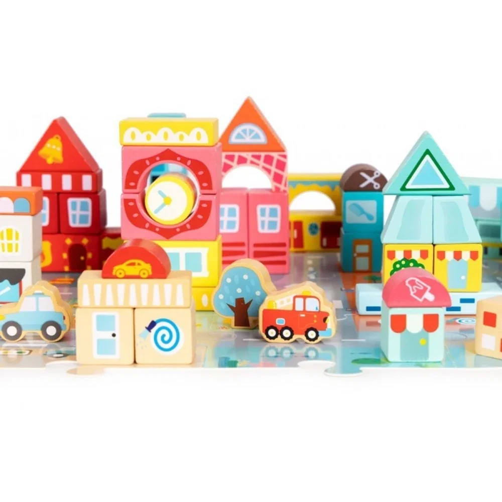 Set educational cu blocuri din lemn si covoras tip puzzle, 88 piese, City Ecotoys 3 ani+ [2]