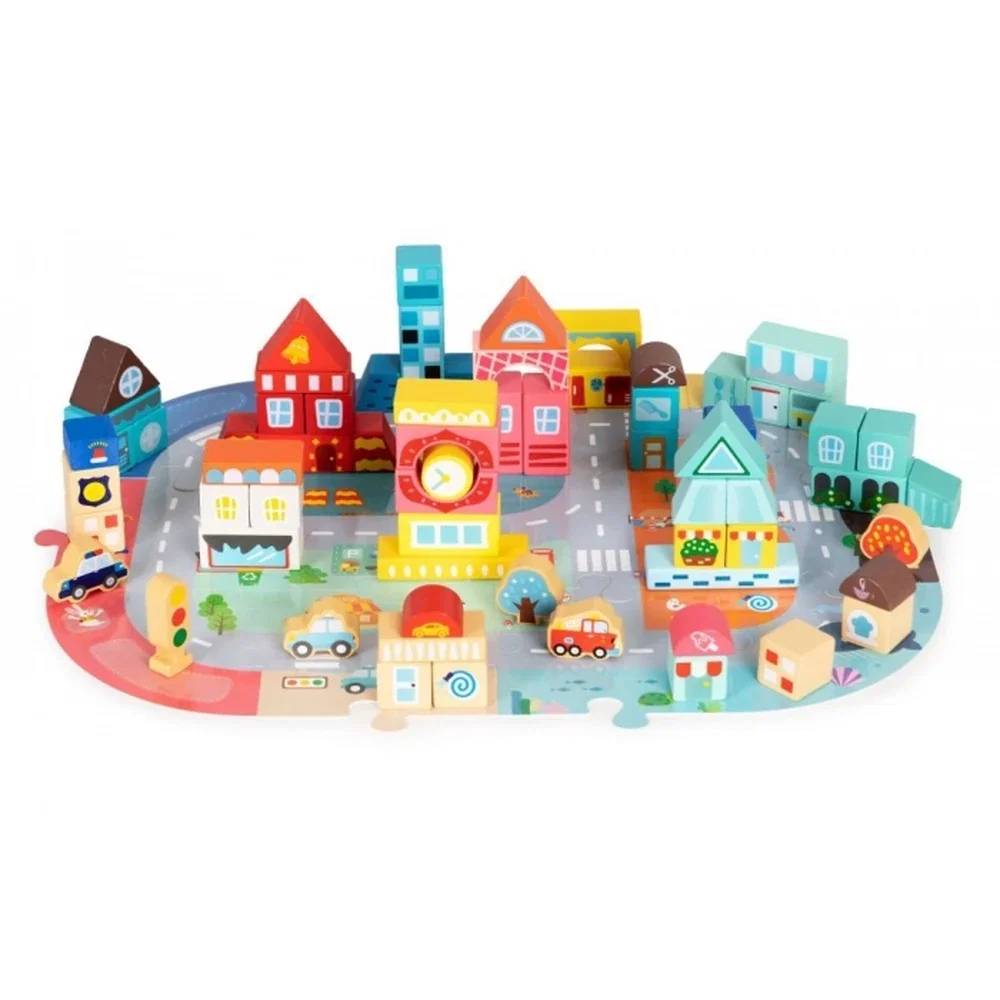 Set educational cu blocuri din lemn si covoras tip puzzle, 88 piese, City Ecotoys 3 ani+ [1]