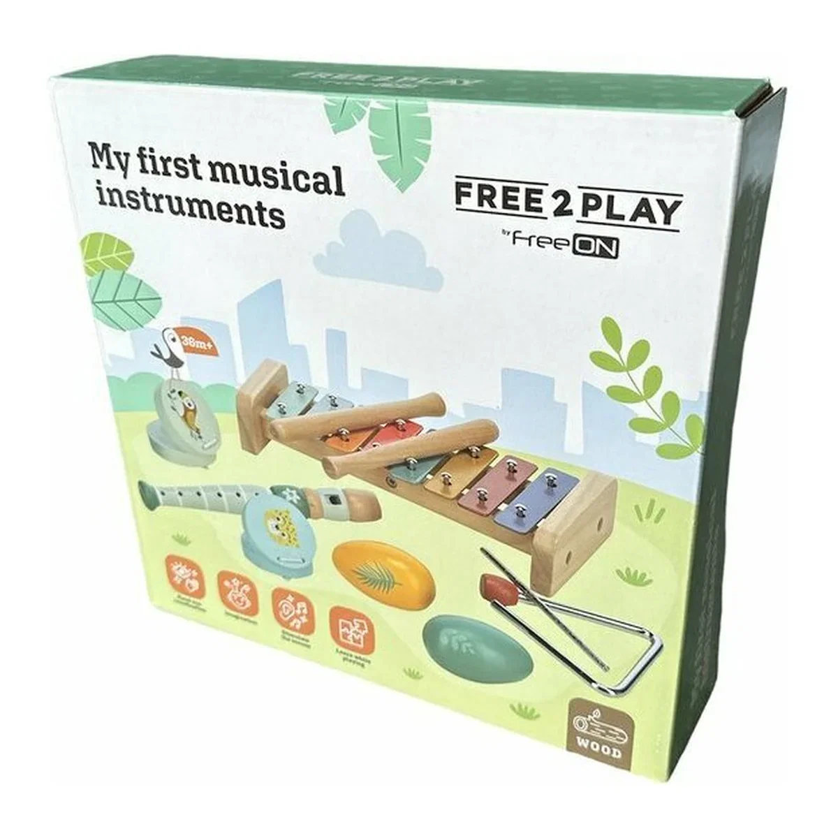Set instrumente muzicale, Free2Play, 5 in 1, Contine xilofon, Fluier, Din lemn, Conform cu standardul european de [6]