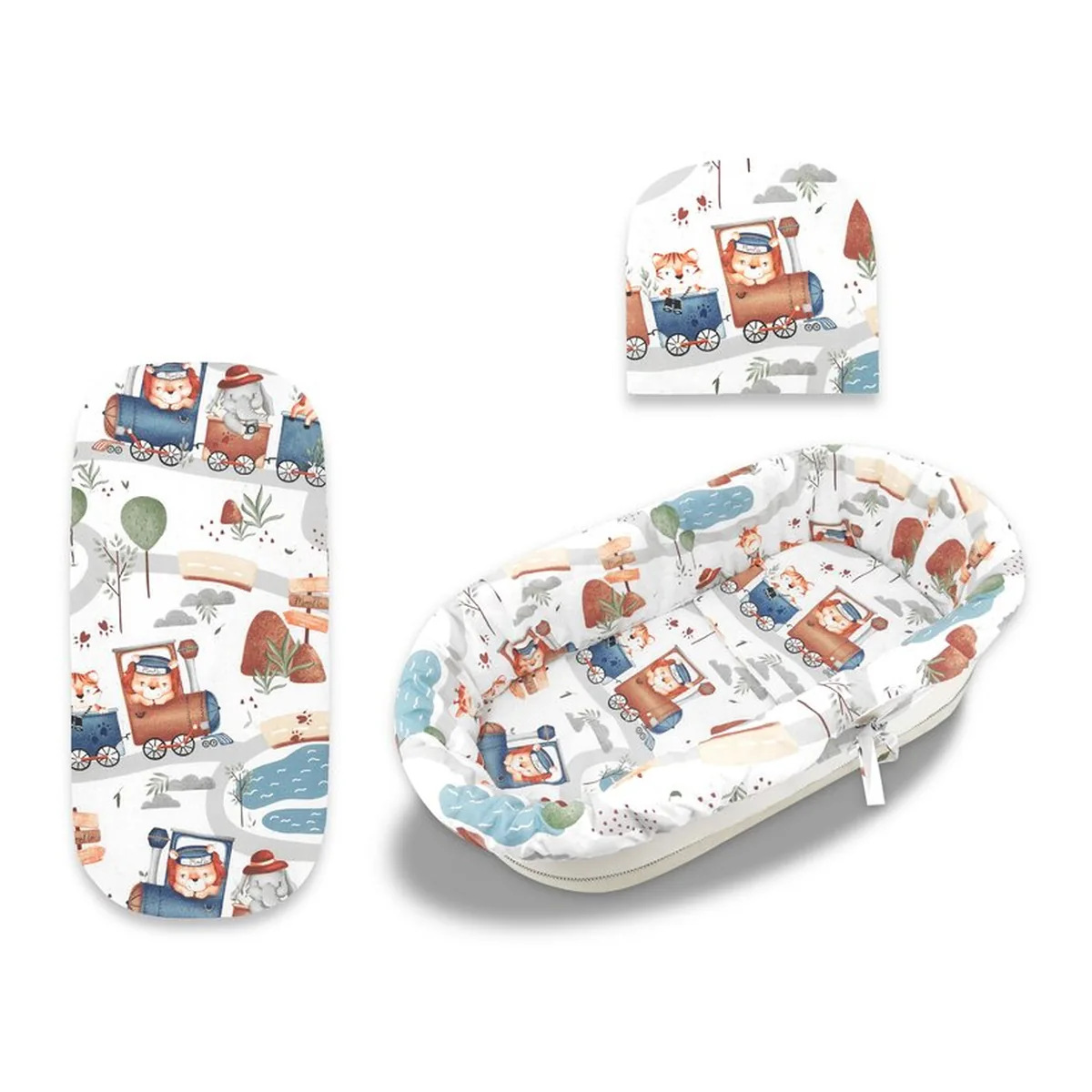 Set pentru landou/cosulet, MimiNu, Cu protectie, saltea si pernuta, Zoo in train [3]