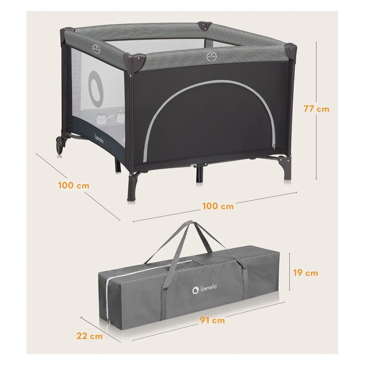 Tarc de joaca copii, Lionelo, Bonnie, Pana la 15 kg, 100 x 100 cm, Cu roti, salteluta din spuma, Gri inchis 36 luni [14]