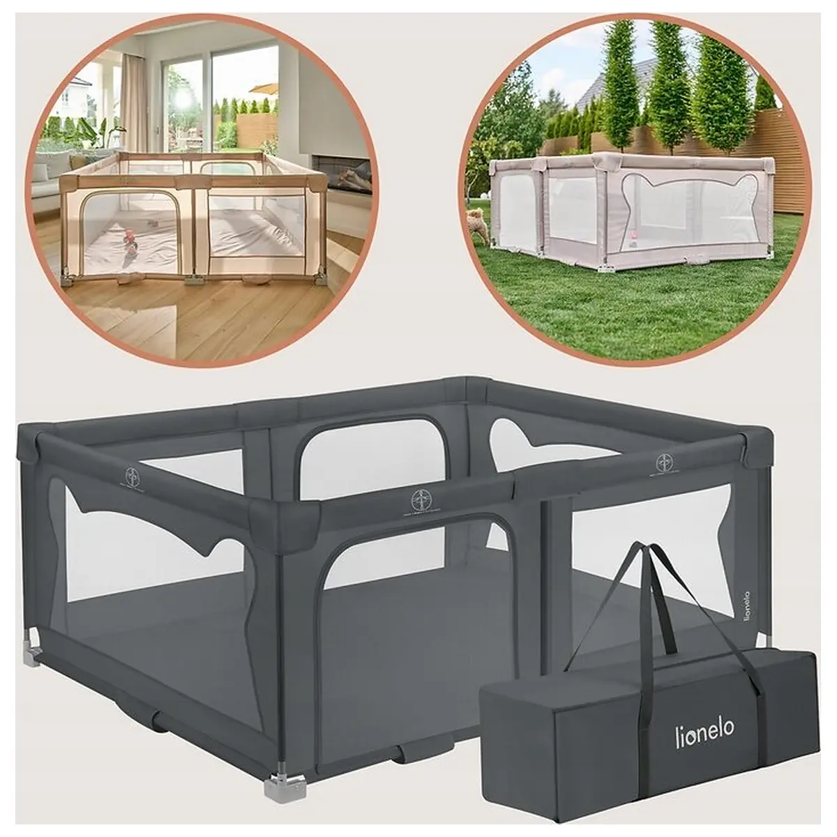 Tarc de joaca copii, Lionelo, Florence Easy Fold, 150 x 180 x 75 cm, Pliere, depliere automata, Include geanta de transport, Din plasa, Cu doua intrari laterale, 0-48 luni, [7]