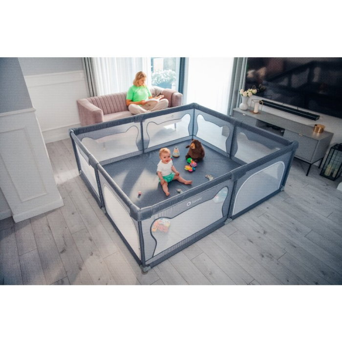 Tarc de joaca copii, Lionelo, Willow, 127x187 cm, Pliere compacta, Include geanta de transport, Din plasa, Cu doua intrari laterale si fermoar, Cu ventuze pentru stabilitate, Gri [32]