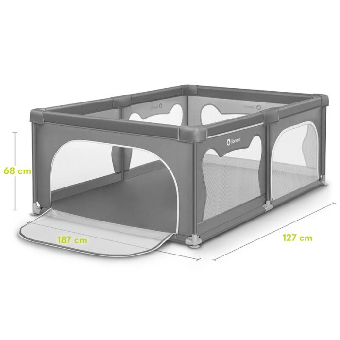 Tarc de joaca copii, Lionelo, Willow, 127x187 cm, Pliere compacta, Include geanta de transport, Din plasa, Cu doua intrari laterale si fermoar, Cu ventuze pentru stabilitate, Gri [22]