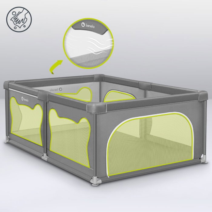 Tarc de joaca copii, Lionelo, Willow, 127x187 cm, Pliere compacta, Include geanta de transport, Din plasa, Cu doua intrari laterale si fermoar, Cu ventuze pentru stabilitate, Gri [16]