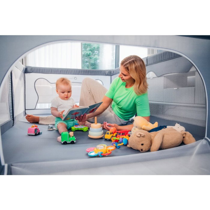 Tarc de joaca copii, Lionelo, Willow, 127x187 cm, Pliere compacta, Include geanta de transport, Din plasa, Cu doua intrari laterale si fermoar, Cu ventuze pentru stabilitate, Gri [29]