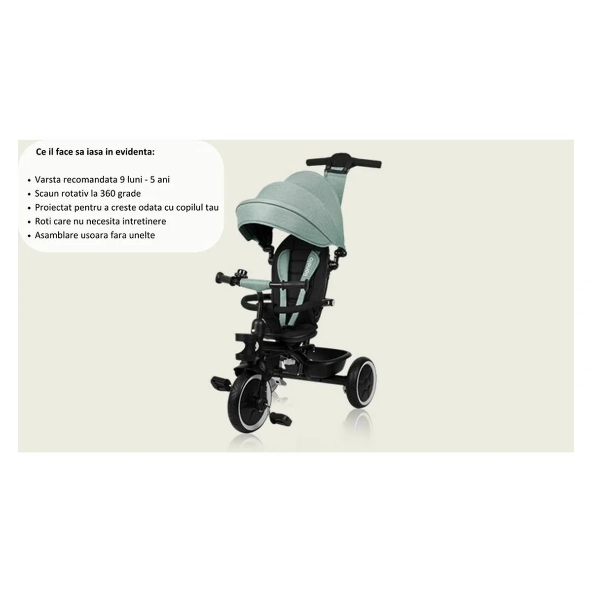 Tricicleta copii, Lionelo, Berry, 2 in 1, Multifunctionala, Scaun reversibil, Rotire 360 grade, Gri 9 luni [35]