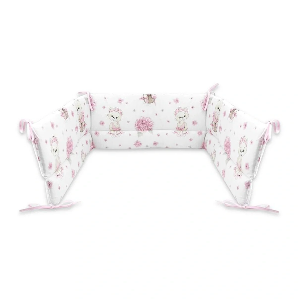 Somnul celor mici - Aparatoare pentru patut, MimiNu, bumbac, 180x30 cm, Cu volanase si panglici, Pink Ballerina