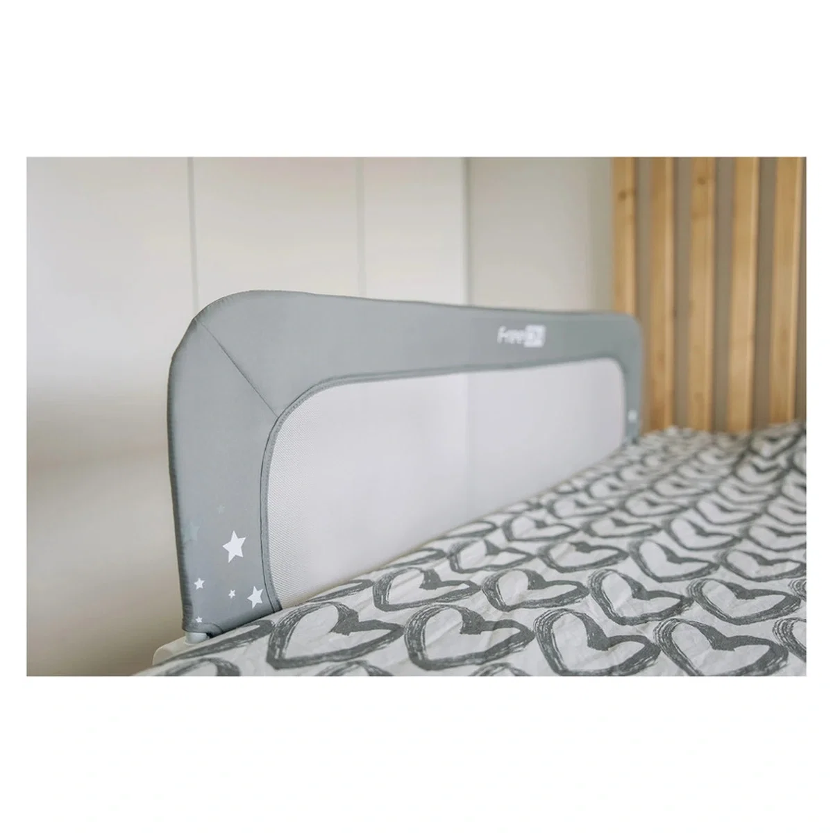 Bariera de protectie pentru pat bebe, Rabatabila, Instalare usoara, Dimensiune 135 x 57 cm, FreeON, Little Stars, Grey [1]