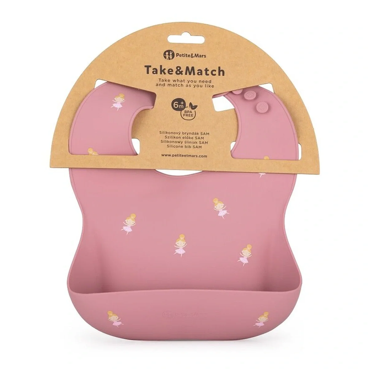 Baveta moale Take&Match, Reglabil, Cu buzunar colector, Silicon, Fara BPA, 6 luni+ Roz* Petite&Mars [2]