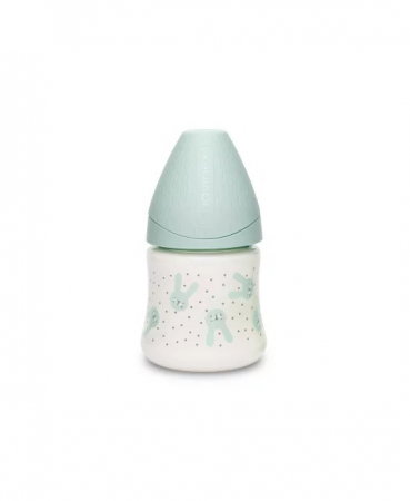 Biberon 150 ml Hygge Suavinex cu tetina rotunda din silicon, debit lent, iepuras verde 0 luni [1]