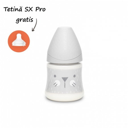 Biberoane - Biberon 150 ml Hygge Suavinex cu tetina rotunda din silicon, debit lent, pisica gri 0 luni