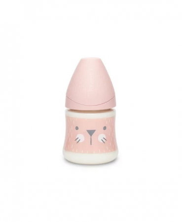 Biberon 150 ml cu tetină rotundă din silicon, debit lent, pisică roz Hygge Suavinex 0 luni [1]