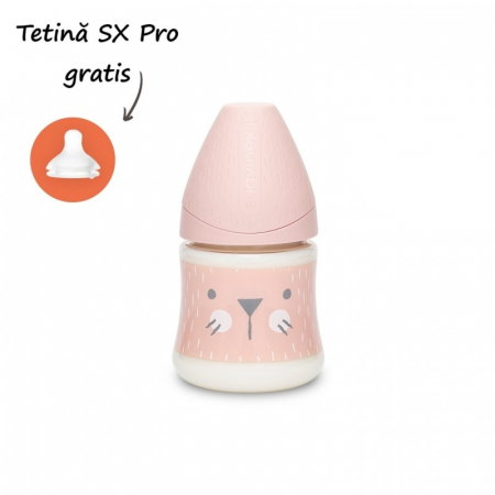 Biberoane - Biberon 150 ml cu tetină rotundă din silicon, debit lent, pisică roz Hygge Suavinex 0 luni