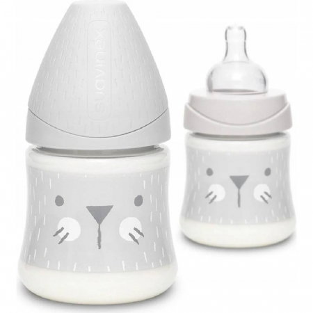 Biberon 150 ml cu tetină rotundă din silicon, debit lent, pisică roz Hygge Suavinex 0 luni [2]