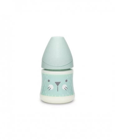 Biberon 150 ml Hygge Suavinex cu tetina rotunda din silicon, debit lent, pisica verde 0 luni [1]
