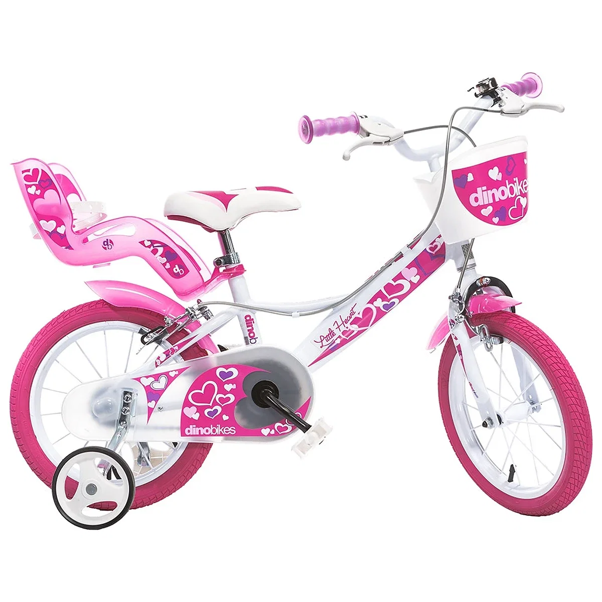 La plimbare - Bicicleta copii 14", 4-7 ani, Dino Bikes Little Heart alb si roz