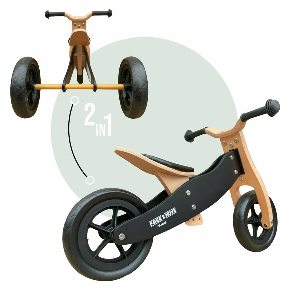 Bicicleta/tricicleta fara pedale din lemn, 2 in 1, Functie de bicicleta echilibru, Sa reglabila, Manere antiderapante, [3]