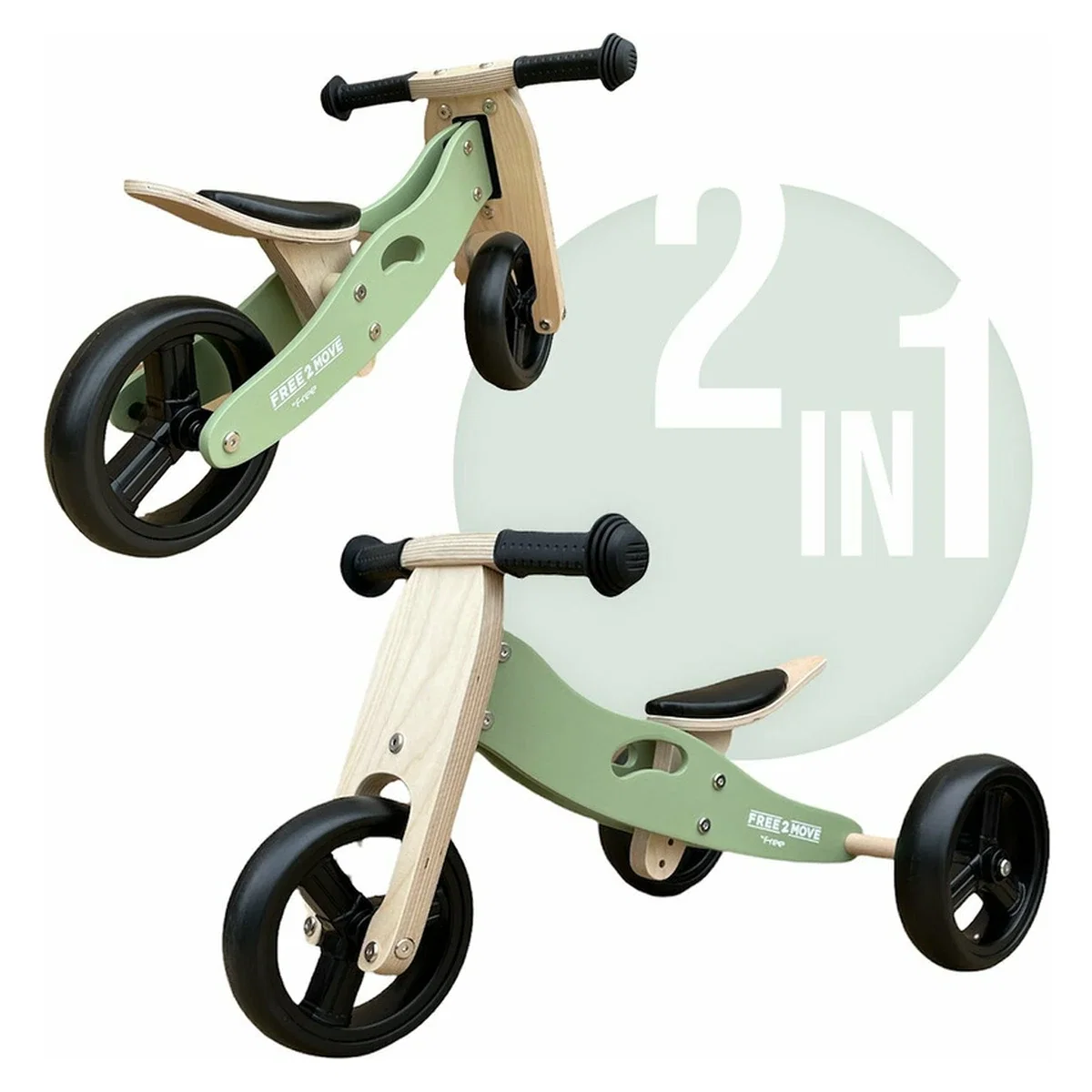 Bicicleta/tricicleta fara pedale, Free2Move, Din lemn, 2 in 1, Functie de bicicleta echilibru, 1-3 ani, Mint [1]