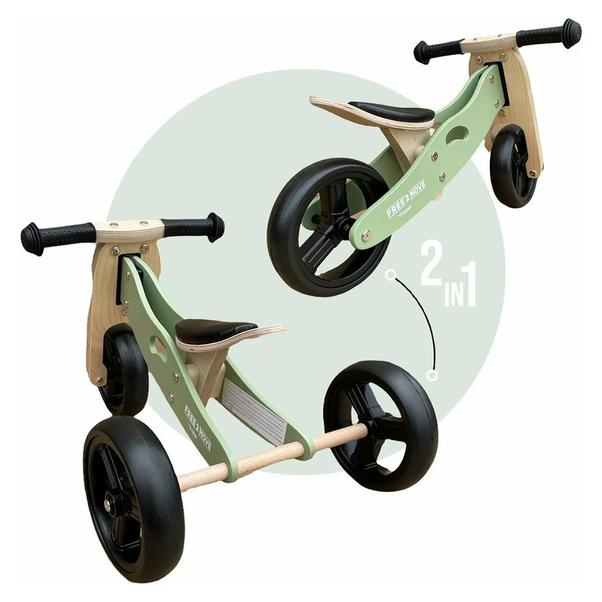 Bicicleta/tricicleta fara pedale, Free2Move, Din lemn, 2 in 1, Functie de bicicleta echilibru, 1-3 ani, Mint [2]
