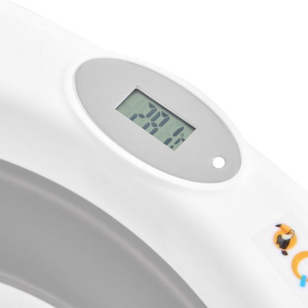 Cadita de baie pliabila, Qmini, Foldy Pro Care, Cu suport metalic si masuta de infasat, Cu termometru electronic, Cu dop si furtun pentru scurgere, Antiderapanta, 80×49 cm, Alb/Gri [23]