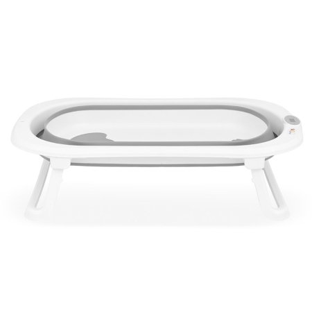 Cadita de baie pliabila, Qmini, Foldy Pro Care, Cu suport metalic si masuta de infasat, Cu termometru electronic, Cu dop si furtun pentru scurgere, Antiderapanta, 80×49 cm, Alb/Gri [12]
