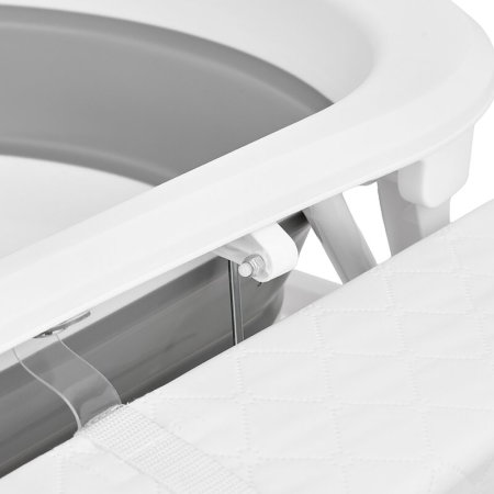Cadita de baie pliabila, Qmini, Foldy Pro Care, Cu suport metalic si masuta de infasat, Cu termometru electronic, Cu dop si furtun pentru scurgere, Antiderapanta, 80×49 cm, Alb/Gri [18]
