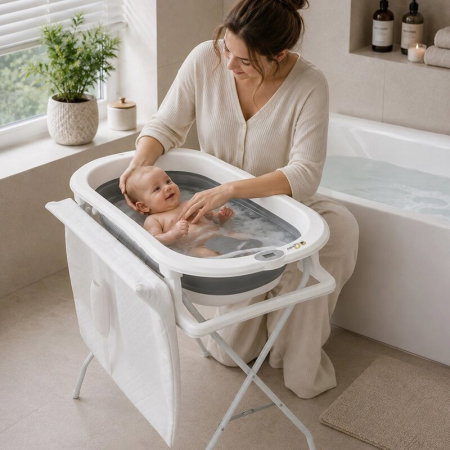 Cadita de baie pliabila, Qmini, Foldy Pro Care, Cu suport metalic si masuta de infasat, Cu termometru electronic, Cu dop si furtun pentru scurgere, Antiderapanta, 80×49 cm, Alb/Gri [1]