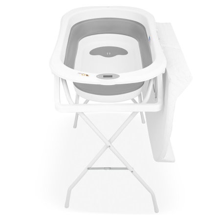 Cadita de baie pliabila, Qmini, Foldy Pro Care, Cu suport metalic si masuta de infasat, Cu termometru electronic, Cu dop si furtun pentru scurgere, Antiderapanta, 80×49 cm, Alb/Gri [6]