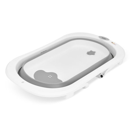 Cadita de baie pliabila, Qmini, Foldy Pro Care, Cu suport metalic si masuta de infasat, Cu termometru electronic, Cu dop si furtun pentru scurgere, Antiderapanta, 80×49 cm, Alb/Gri [15]