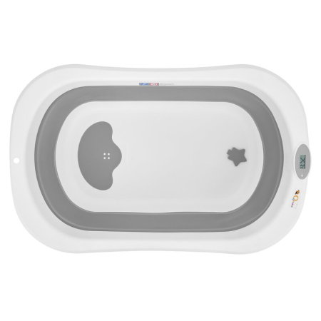 Cadita de baie pliabila, Qmini, Foldy Pro Care, Cu suport metalic si masuta de infasat, Cu termometru electronic, Cu dop si furtun pentru scurgere, Antiderapanta, 80×49 cm, Alb/Gri [16]