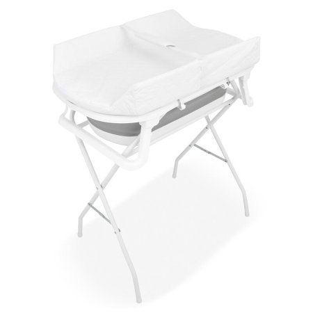 Saltelute de infasat - Cadita de baie pliabila, Qmini, Foldy Pro Care, Cu suport metalic si masuta de infasat, Cu termometru electronic, Cu dop si furtun pentru scurgere, Antiderapanta, 80×49 cm, Alb/Gri