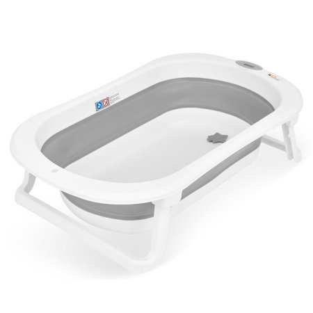 Cadita de baie pliabila, Qmini, Foldy Pro Care, Cu suport metalic si masuta de infasat, Cu termometru electronic, Cu dop si furtun pentru scurgere, Antiderapanta, 80×49 cm, Alb/Gri [14]