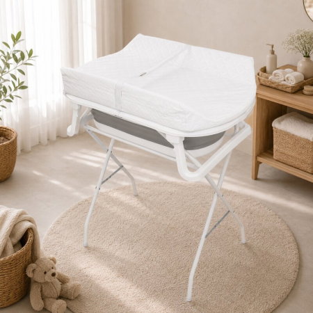 Cadita de baie pliabila, Qmini, Foldy Pro Care, Cu suport metalic si masuta de infasat, Cu termometru electronic, Cu dop si furtun pentru scurgere, Antiderapanta, 80×49 cm, Alb/Gri [2]