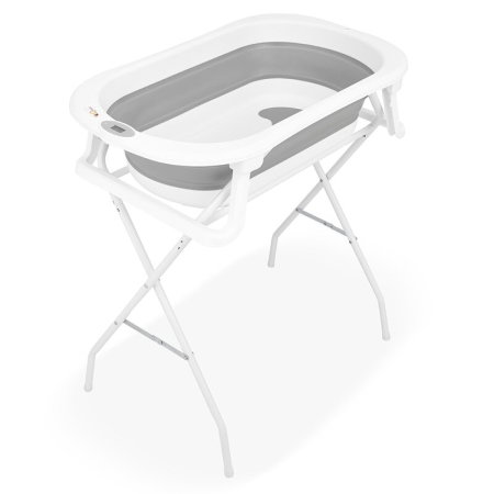 Cadita de baie pliabila, Qmini, Foldy Pro, Cu suport metalic si pernuta de baie, Cu termometru electronic, Cu dop si furtun pentru scurgere, Antiderapanta, 80×49 cm, Alb/Gri [3]