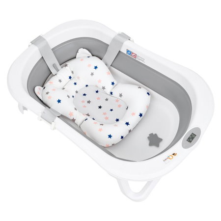 Cadita de baie pliabila, Qmini, Foldy Pro, Cu suport metalic si pernuta de baie, Cu termometru electronic, Cu dop si furtun pentru scurgere, Antiderapanta, 80×49 cm, Alb/Gri [5]