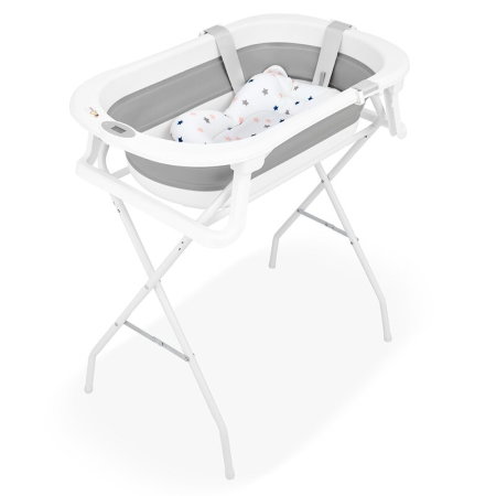 Cadita de baie pliabila, Qmini, Foldy Pro, Cu suport metalic si pernuta de baie, Cu termometru electronic, Cu dop si furtun pentru scurgere, Antiderapanta, 80×49 cm, Alb/Gri [4]