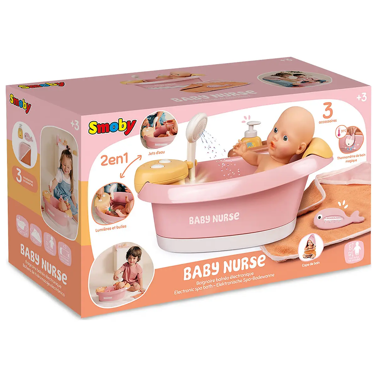 Cadita pentru papusa Smoby Baby Nurse Balneo Bath roz cu 3 accesorii [5]