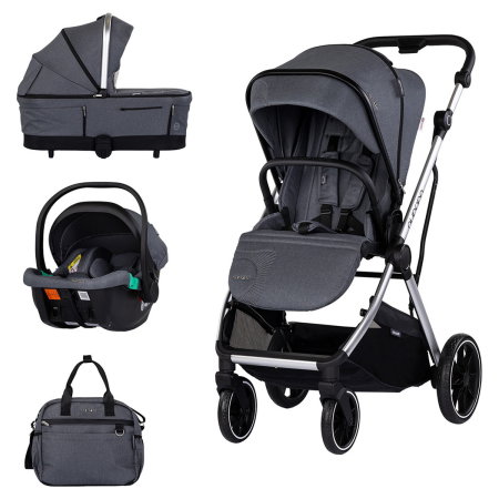 Carucioare 3 in 1 - Carucior Chipolino Aurora 3 in 1, pana la 22 kg, scoica auto i-size, cadru usor, pliere usoara, husa picioare, sezut reversibil, gentuta inclusa, Charcoal