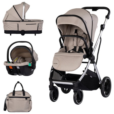 Carucioare 3 in 1 - Carucior Chipolino Aurora 3 in 1, pana la 22 kg, scoica auto i-size, cadru usor, pliere usoara, husa picioare, sezut reversibil, gentuta inclusa, Latte