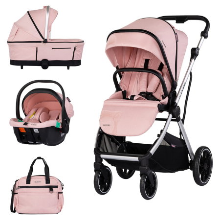 Carucioare 3 in 1 - Carucior Chipolino Aurora 3 in 1, pana la 22 kg, scoica auto i-size, cadru usor, pliere usoara, husa picioare, sezut reversibil, gentuta inclusa, Powder pink - roz