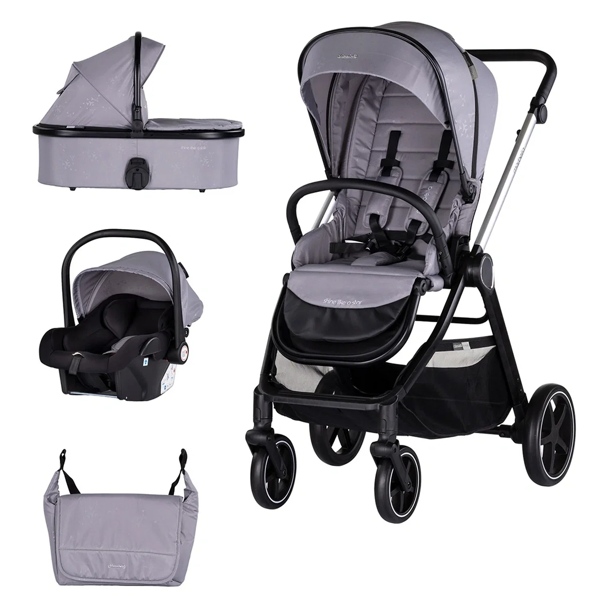 La plimbare - Carucior Bebe 3 in 1 Chipolino Marbella Cloud Grey, cu Landou, Scaun Auto i-Size si Geanta 0 luni