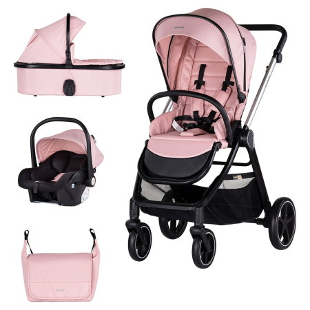 La plimbare - Carucior Chipolino Marbella 3 in 1, de la nastere pana la 22 kg, include scoica auto i-size, cadru usor, pliere compacta, sezut reversibil, gentuta inclusa, Pink marshmallow