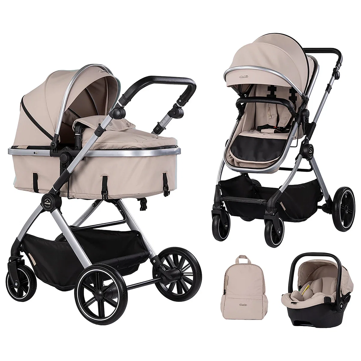 Carucioare 3 in 1 - Carucior Chipolino Pearl 3 in 1, Cu scoica auto, Sezut reversibil, Husa de picioare, Gentuta parinti, Pana la 22 kg, Latte