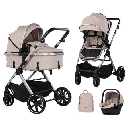 Carucioare 3 in 1 - Carucior Chipolino Pearl 3 in 1, Cu scoica auto, Sezut reversibil, Husa de picioare, Gentuta parinti, Pana la 22 kg, Latte
